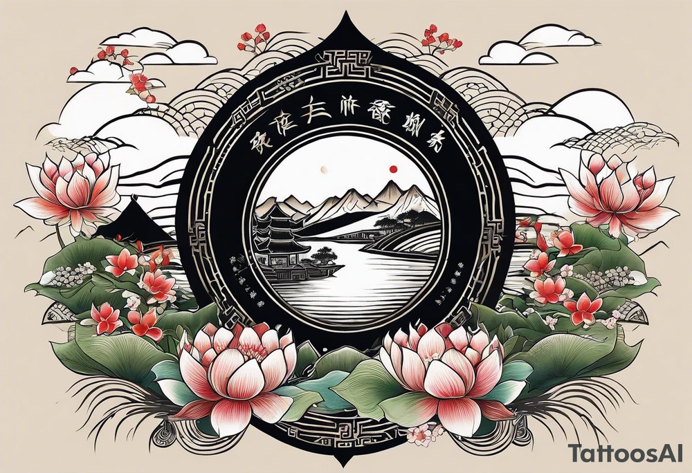 A black Vietnamese tattoo design featuring intricate depictions of sacred animals like the dragon and turtle intertwined with majestic mountains and lush rice fields. Incorporate iconic elements such as the conical straw hat floating above, surrounded by blooming lotus flowers and traditional silk lanterns. The tattoo reflects the essence of Vietnam's breathtaking nature, with swirling mist and flowing water elements woven into the composition, merging traditional artistry with a modern flair. Use a color palette that evokes the lush greens of the countryside and the warm tones of sunset. tattoo idea