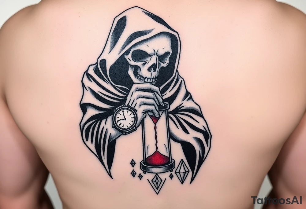 Simple grim reaper looking at a watch on his wrist with a hourglass with red sand and diamond geometric shapes for the thigh tattoo idea