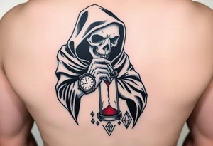 Simple grim reaper looking at a watch on his wrist with a hourglass with red sand and diamond geometric shapes for the thigh tattoo idea