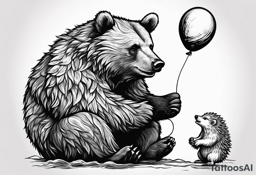 a big growling bear and a tiny hedgehog that stands hand has a balloon is his hands
 together. tattoo idea