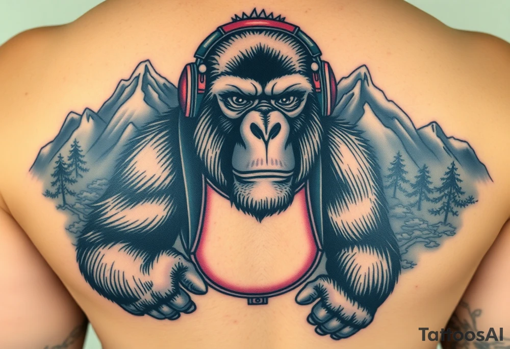Silverback gorilla wearing amateur wrestling shoes, earmuffs, and an singlet for a match as a person would. The surrounding area is mountainous jungle tattoo idea
