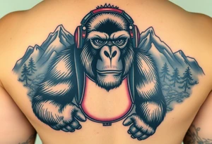 Silverback gorilla wearing amateur wrestling shoes, earmuffs, and an singlet for a match as a person would. The surrounding area is mountainous jungle tattoo idea