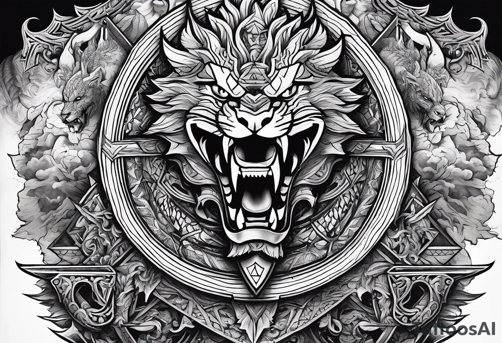 Valhalla sword shield  axe  dragon lion
Valknut  ruins lightnings tattoo idea