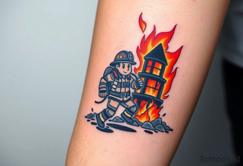 A firefighter running towards a burning building, with dramatic shading in deep oranges, blacks, and grays. tattoo idea