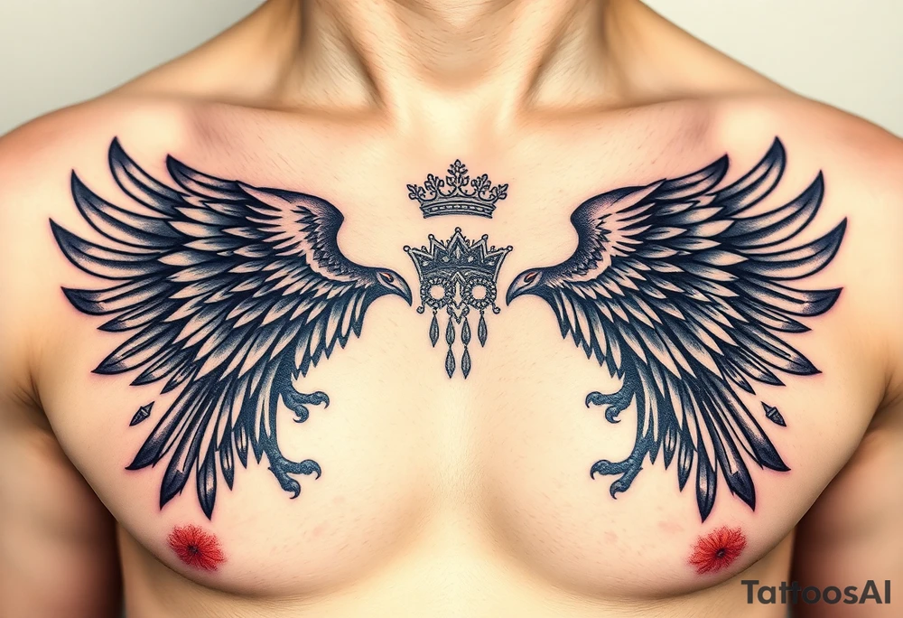 Chest tattoo,powerful two polish symetricals majestic darks eagle with crown, surrounded by lure ornaments tattoo idea