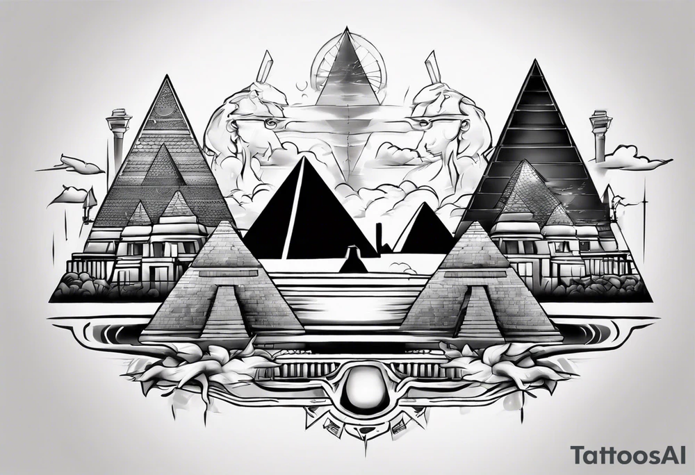 Generate a tattoo design featuring the Pyramids of Giza merging with the Manhattan skyline. Include vibrant colors to highlight both Egyptian and New York elements. Ensure a balanced composition with attention to detail tattoo idea