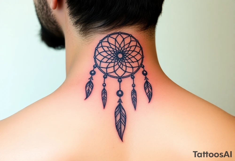 Neck piece with a beautiful dream catcher with 3 names attached to the leaves tattoo idea