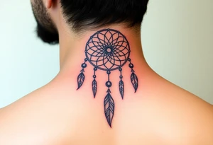 Neck piece with a beautiful dream catcher with 3 names attached to the leaves tattoo idea