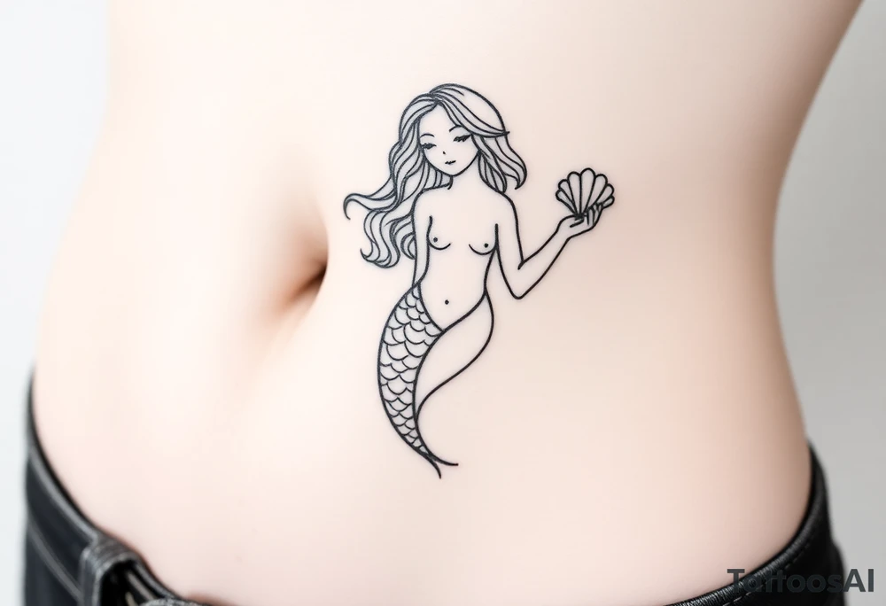 Mermaid tattoo full body soft face light grainy holding a shell in hand tattoo idea