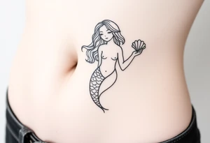 Mermaid tattoo full body soft face light grainy holding a shell in hand tattoo idea