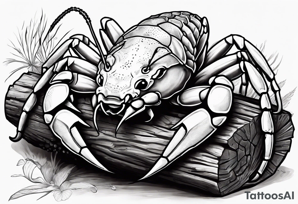 Murray crayfish holding a soccer ball with oversized claws on a log tattoo idea