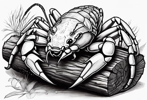 Murray crayfish holding a soccer ball with oversized claws on a log tattoo idea