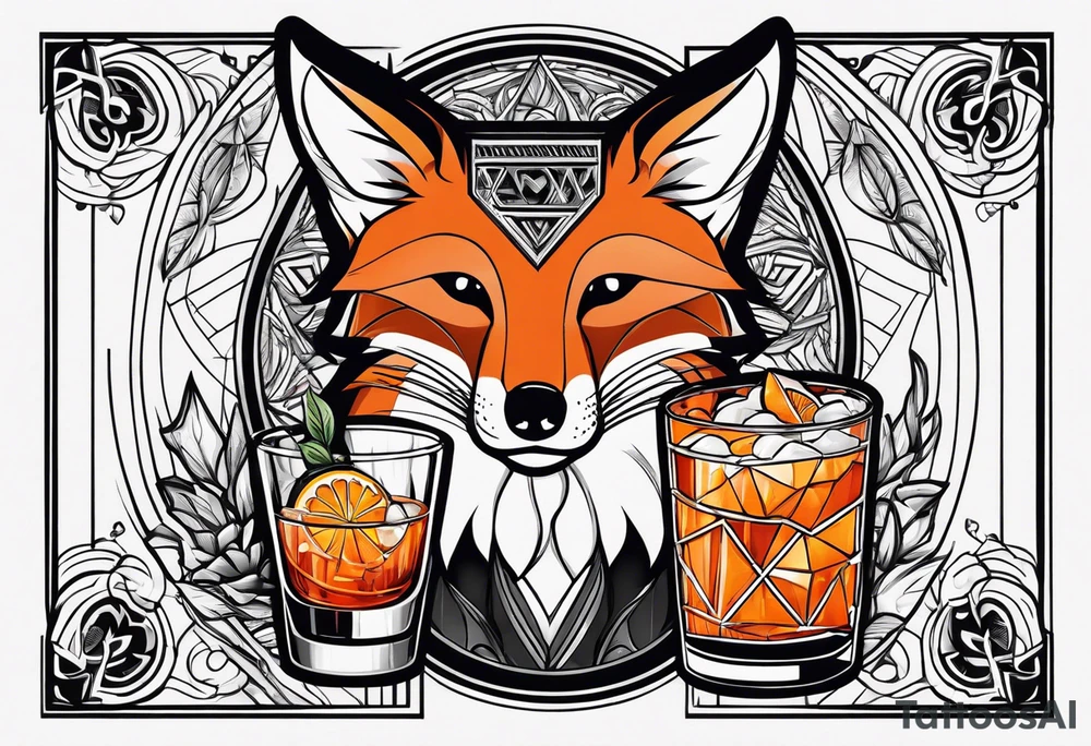 fox with one Negroni in short lowball cocktail glass with ice and orange peel in black tshirt and jeans tattoo idea