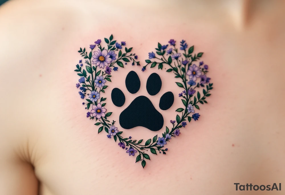 A heart shape made up of small, intricate flowers in shades of violet, lavender, and soft green. Inside the heart, a detailed black paw print silhouette sits, giving the design depth and contrast. The flowers are delicate and look hand-drawn for an organic feel. Violet, Lavender, Soft Green (for flowers), Black (for paw print). tattoo idea