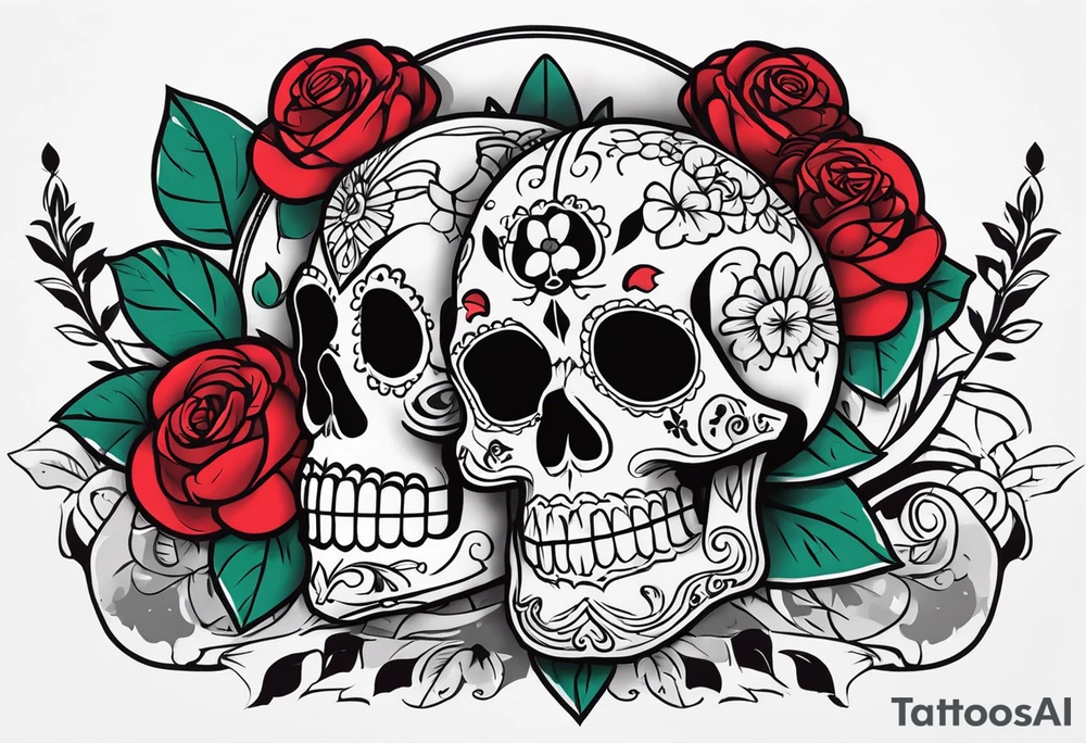 dia de los muertos skulls with money roses with the name CORREA tattoo idea