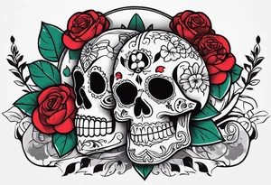 dia de los muertos skulls with money roses with the name CORREA tattoo idea