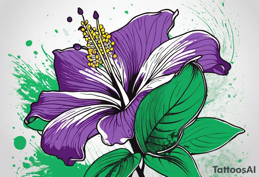 An outline of a rio dipladenia flower with a splatter green and purple background tattoo idea