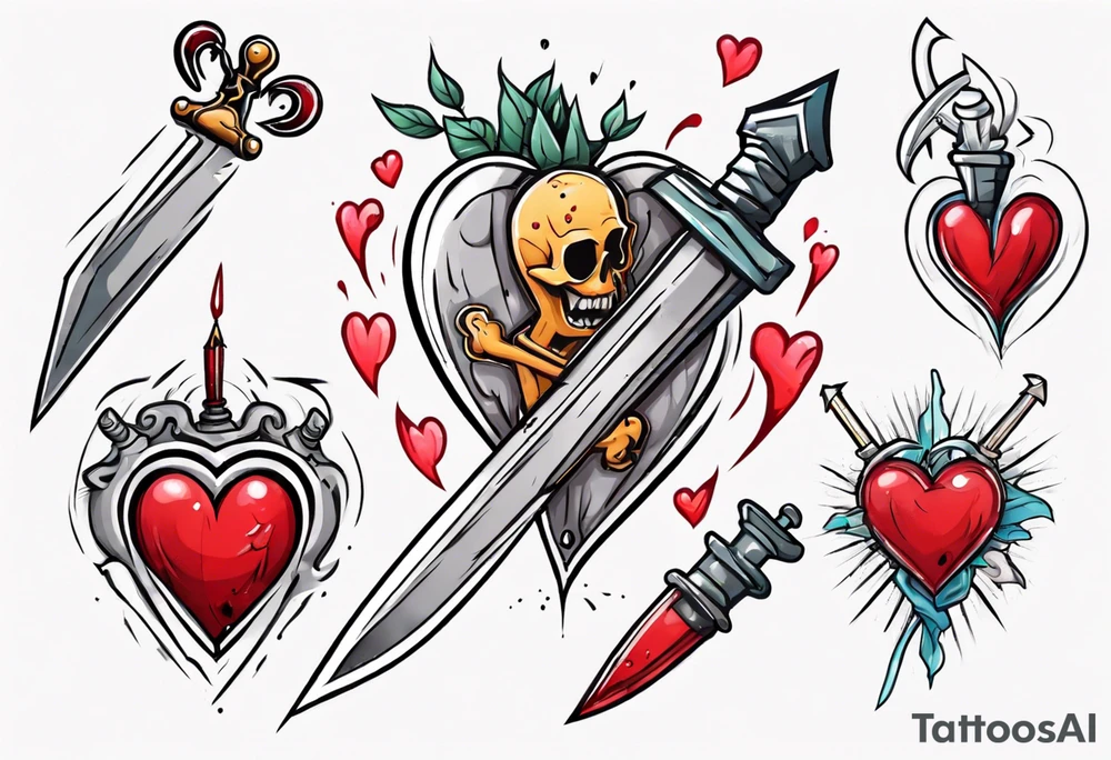 a cartoon heart being stabbed by a dagger tattoo idea