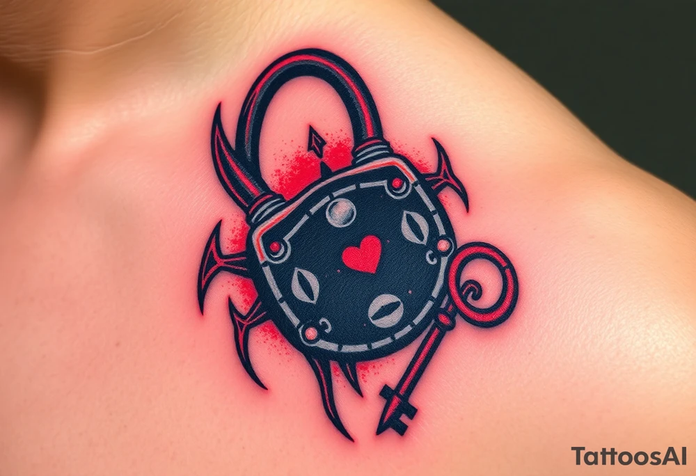 A black and red demonic lock with glowing eyes, with a spiked key floating near it, symbolizing forbidden love tattoo idea