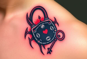 A black and red demonic lock with glowing eyes, with a spiked key floating near it, symbolizing forbidden love tattoo idea