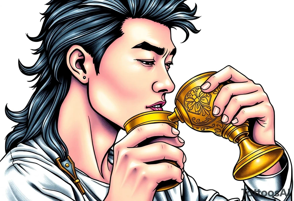 Handsome Asian young guy is drinking from medieval golden cup tattoo idea