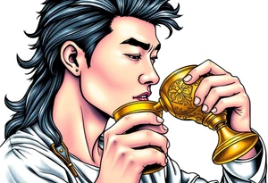 Handsome Asian young guy is drinking from medieval golden cup tattoo idea