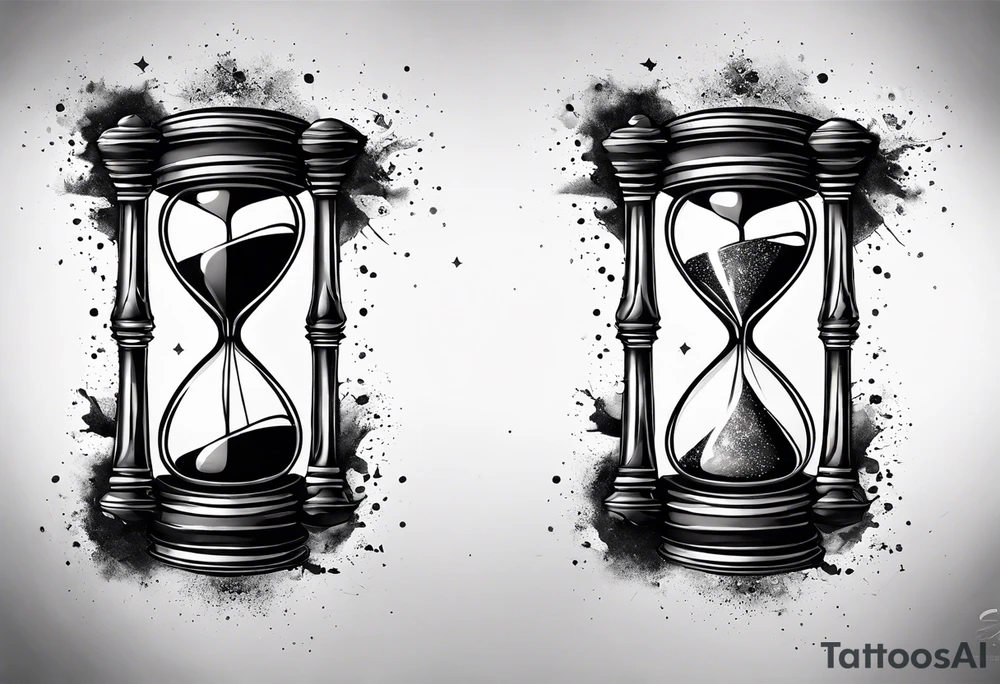 Hourglass, cosmic dust exploding from the top and bottom of the hourglass. Long tattoo to fit on the forearm, masculine, minimalist tattoo idea