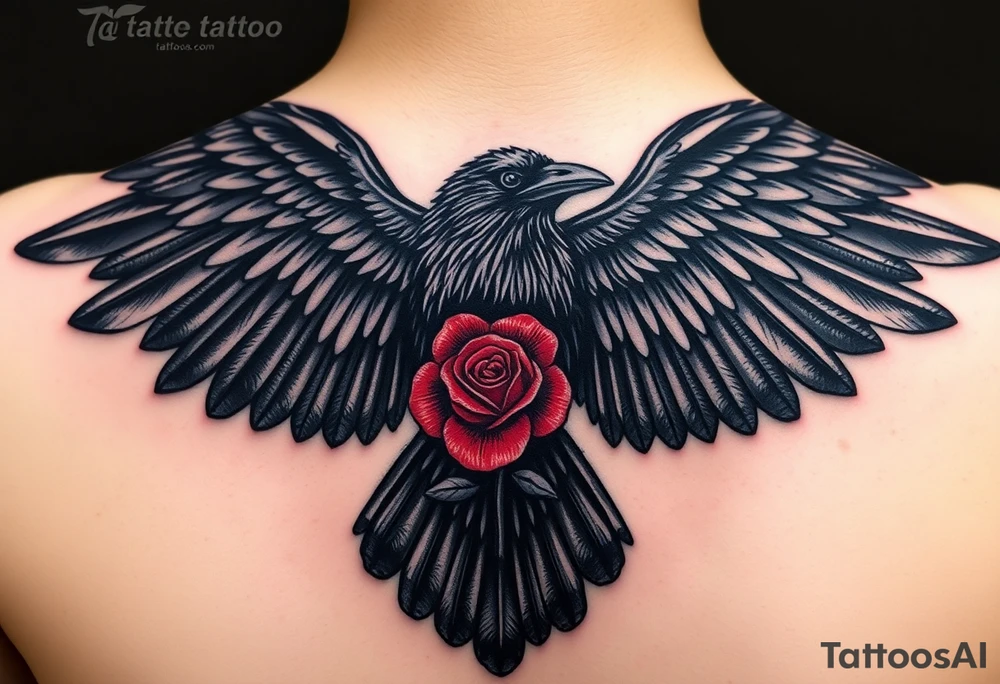 A black crow soaring symmetrically gracefully with its wings fully extended, each feather intricately detailed to capture a sense of movement and depth. In its talons, it gently carries a vibrant red rose, its petals vivid and delicate. The composition blends realism with deep symbolism, representing strength, transformation, and the enduring connection between life, resilience, and the unseen forces that guide and protect. tattoo idea