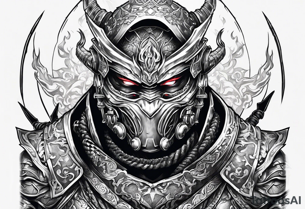 Angry robot demon ninja with demon mask with sword tattoo idea