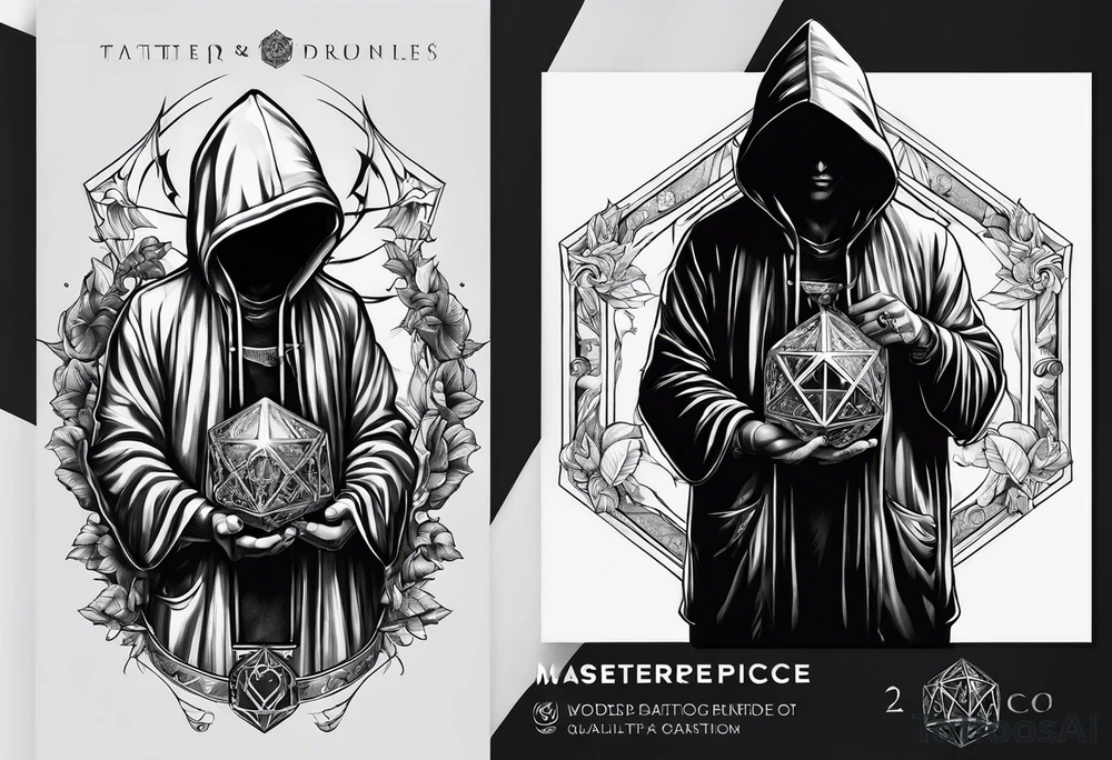 hooded figure holding a d20 tattoo idea