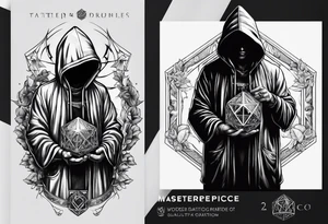 hooded figure holding a d20 tattoo idea