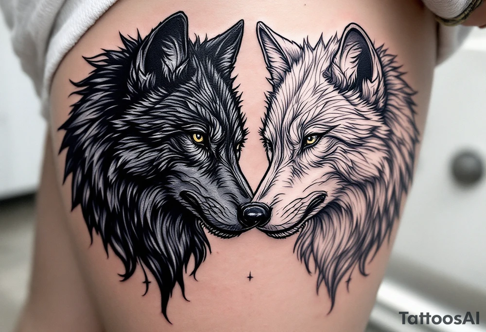 Black wolf and a white wolf side by side tattoo idea