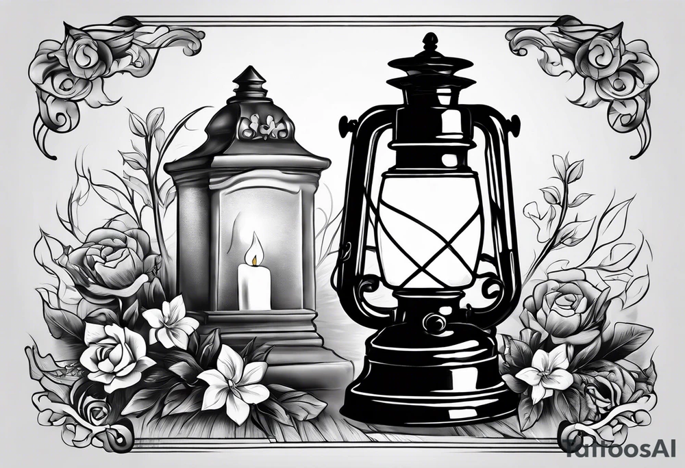 Oil lamp with gravestone tattoo idea
