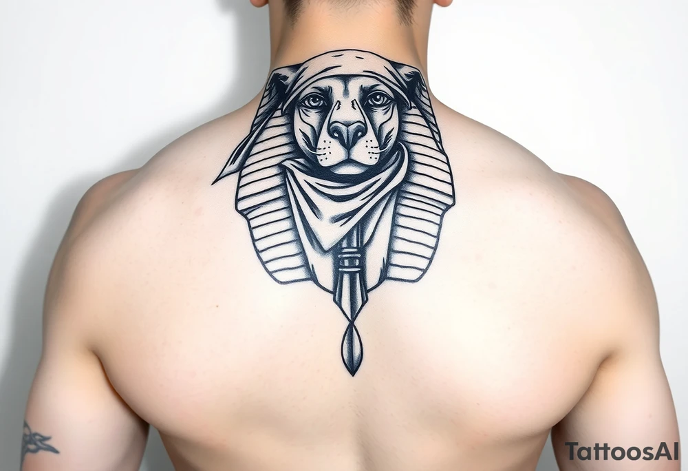 "Sphinx wearing a bandana, teardrop tattoo under 3 eye. 

Style: Prison tattoo meets hieroglyph carving. Black ink, chest piece." tattoo idea
