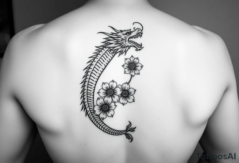 Leg area back of calf dragon going up 4 flowers
 Dragon flipped closer to the third one down tattoo idea