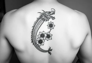 Leg area back of calf dragon going up 4 flowers
 Dragon flipped closer to the third one down tattoo idea