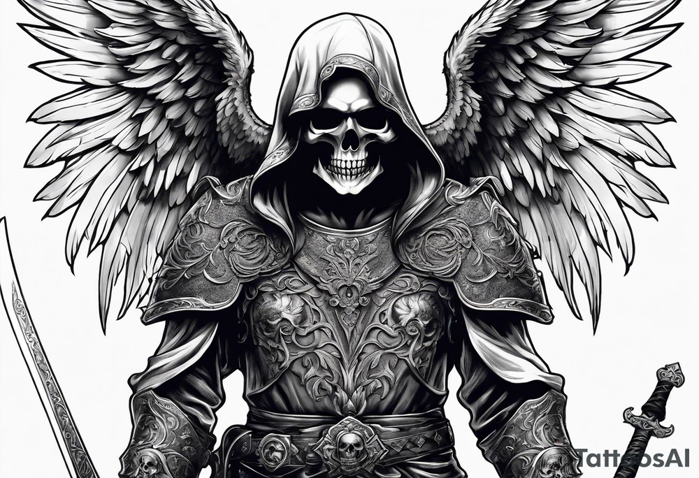realistic full body of man angel of death, without face, holding sword, skulls on the ground tattoo idea
