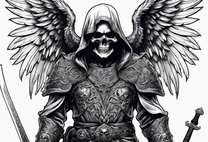 realistic full body of man angel of death, without face, holding sword, skulls on the ground tattoo idea