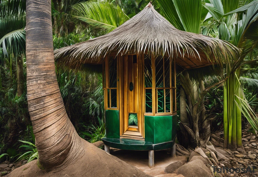 Tattoo: A striking Gachala emerald sits at the base of a tall quindio wax palm, which grows resiliently from cracks in rugged, rocky soil. The emerald is the main focal point, symbolizing strength and endurance, while the wax palm, rooted in the soil’s crevices, represents growth and resilience. A small water stream flows gently from the rocks, adding an element of life and nourishment. Style: Anime. tattoo idea