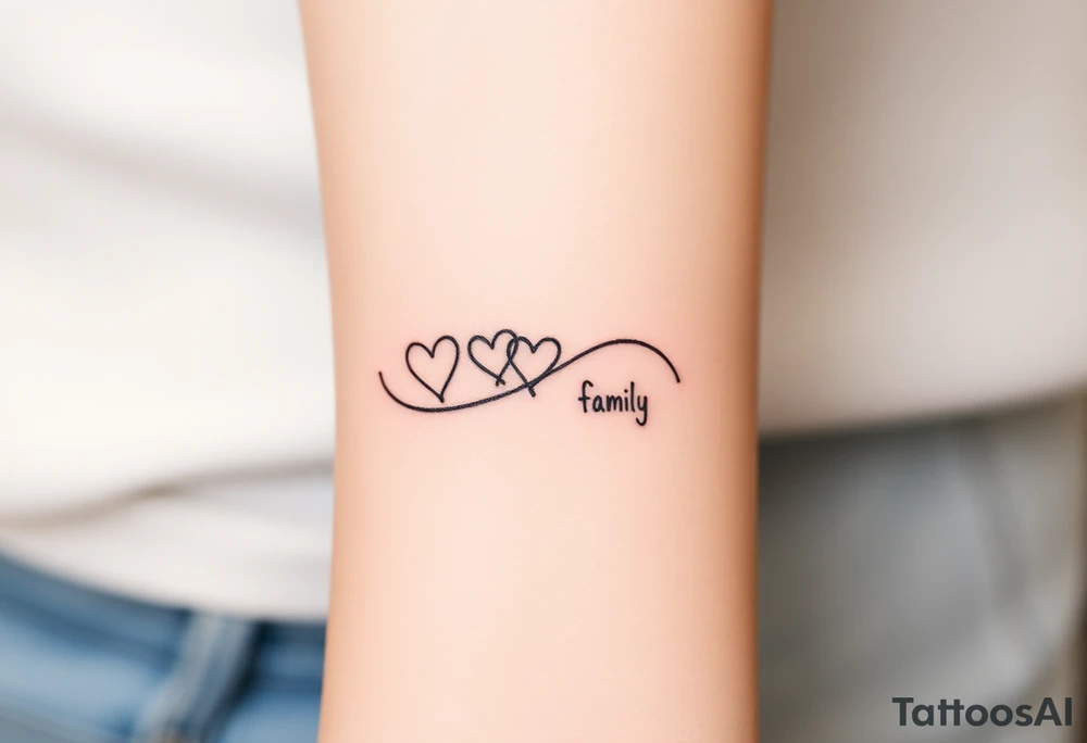 A minimalist infinity symbol with three hearts above including word "family" tattoo idea