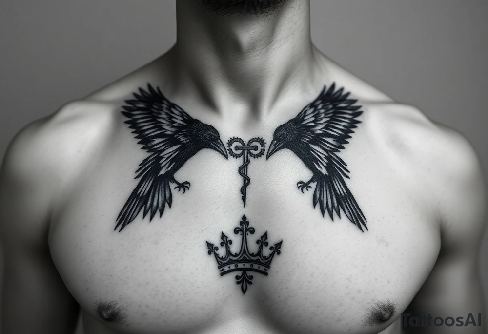 Chest tattoo, two ravens and icelandic symbols, dark brest tattoo, crown tattoo idea
