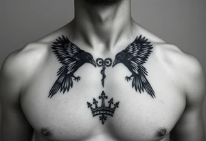 Chest tattoo, two ravens and icelandic symbols, dark brest tattoo, crown tattoo idea