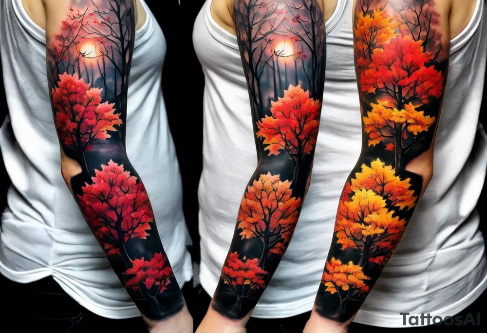 Arm tattoo. Long tattoo. Full sleeve. Shoulder. A maple tree with red autumn leaves that branches upwards. White-throated dipper bird on the trees branches. Calluna flowers at the base of the trees stem. Tree stem has dark colors. Red/yellow sunset behind the trees stem. Leaves falling. tattoo idea