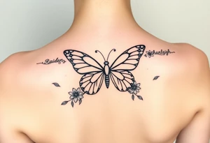 beautiful butterfly with flowers and lines around it also having the names Raiden, Shanleigh, and Waylon in it and the artwork being line work tattoo idea