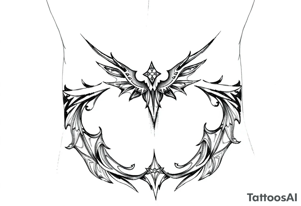 Each tribal piece for below the belly button on a male that runs from hip to center of the groin kind of Gothic eclectic just nice tattoo idea