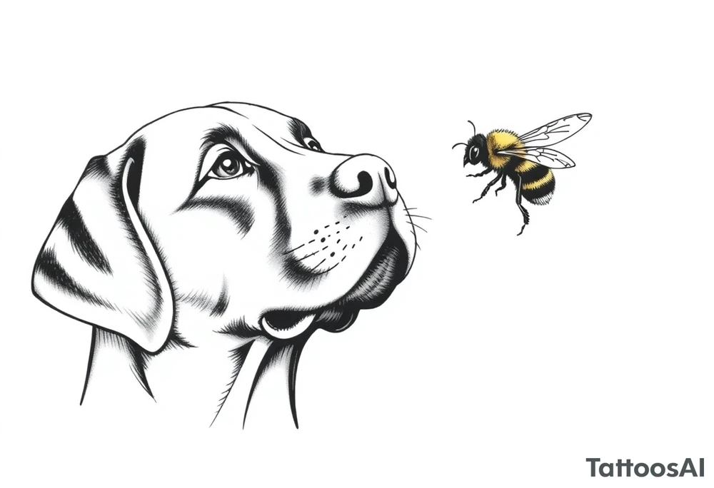 brown lab looking up at a bumble bee like it’s almost about to sniff it but they’re not touching. all black ink and fine line. tattoo idea