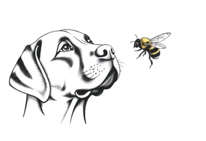 brown lab looking up at a bumble bee like it’s almost about to sniff it but they’re not touching. all black ink and fine line. tattoo idea