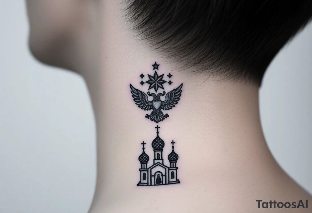 Stacked Vertical Column 

Russian star — small, bold
Middle: Miniature double-headed eagle — simplified, cleaner lines to suit the smaller space
Bottom: Orthodox church dome(s) with a small Virgin Mary silhouette beneath tattoo idea