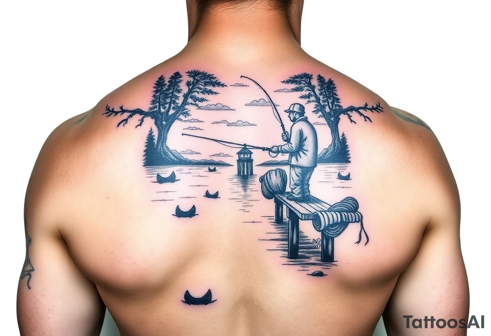 Fisherman on a pier surrounded by nature, colorful tattoo idea