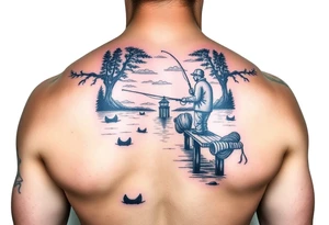 Fisherman on a pier surrounded by nature, colorful tattoo idea